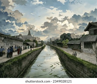 Mae Kha canal New Landmark It is a major tourist is Public places attraction Chiang Mai City,Thailand,travel and leisure concept evening day. landmark for leisure and travel. Vector drawing art. svg