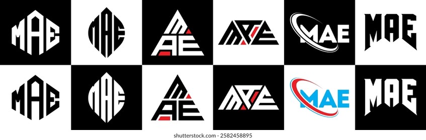 MAE letter logo design in six style. MAE polygon, circle, triangle, hexagon, flat and simple style with black and white color variation letter logo set in one artboard. MAE minimalist and classic logo