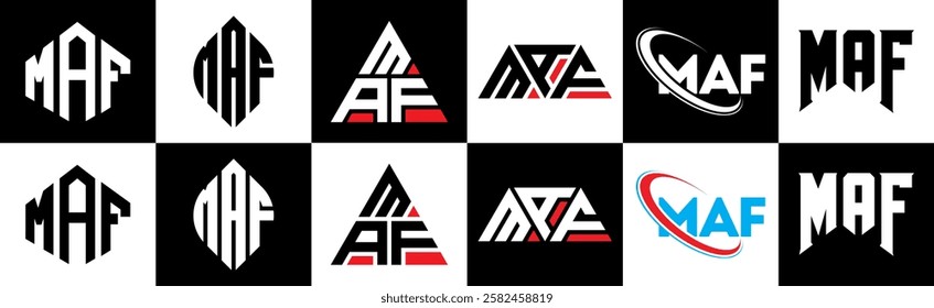 MAF letter logo design in six style. MAF polygon, circle, triangle, hexagon, flat and simple style with black and white color variation letter logo set in one artboard. MAF minimalist and classic logo