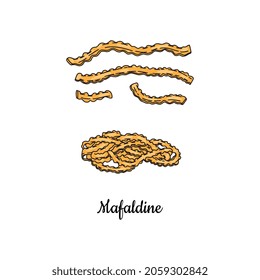 Mafaldine or reginette pasta in color sketch vector illustration isolated on white background. Traditional Italian food for restaurants or cafes, recipes, menus. Type of paste in form of ribbon.