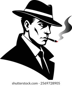 Mafia boss with a smoking cigar silhouette isolated on white background. Boss sign vector illustration design