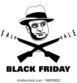 Mafia boss with two crossed sawed off shotguns. Black friday sale concept. Flat design graphics. 1920 - 1930 years vintage style.