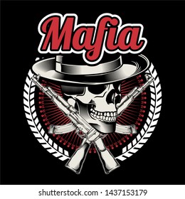 Mafia boss with two crossed submachine guns. Symbol of violence and crime concept. Flat design graphics.hand drawing, - Vector