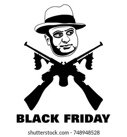 Mafia boss with two crossed submachine guns. Black friday sale concept. Flat design graphics. 1920 - 1930 years vintage style.