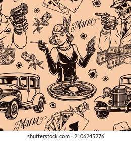 Mafia and casino seamless pattern with old cars, playing cards, sexy woman smoking cigarette and holding gun, skeleton drinking whisky, vector illustration