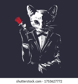 Mafia cat using tuxedo and with rose flower