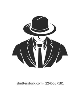 Mafia character abstract silhouette men head in hat . Vintage vector illustration