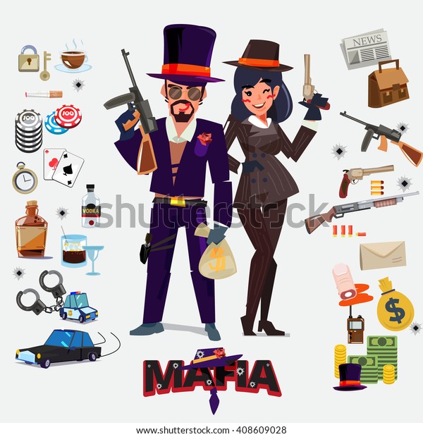 Mafia character\
design, male and female with icon set. underground gangster concept\
- vector illustration