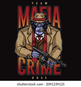 Mafia Colorful Logo In Vintage Style With Inscriptions And Angry Gorilla Gangster Smoking Cigar And Holding Tommy Gun Isolated Vector Illustration