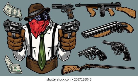 Mafia Colorful Vintage Concept With Dollar Bills Guns Rifle Thompson Submachine Gun Sawed-off Shotgun Gorilla Gangster In Scarf And Fedora Hat Holding Handguns Isolated Vector Illustration