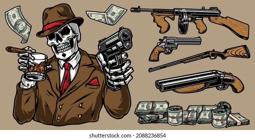 Mafia Colorful Vintage Concept With Dollar Bills Weapon Skeleton Gangster In Suit And Fedora Hat Holding Gun Cigar And Glass Of Whiskey Isolated Vector Illustration