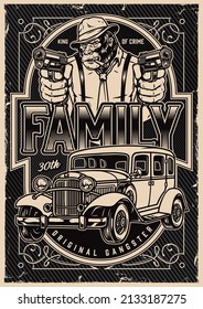 Mafia Family Monochrome Vintage Poster With Armed Gangster Gorilla In Shirt And Suspenders, Old Car, Vector Illustration