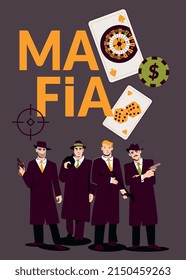 Mafia flat poster with group of men holding weapon and casino icons vector illustration