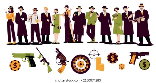 Mafia Flat Set Of Gangster Characters And Women Dressed In Fashion Of 30s Of 20th Century Vector Illustration