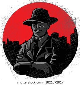 Mafia Gangster Cartoon with City Line Silhouette Background