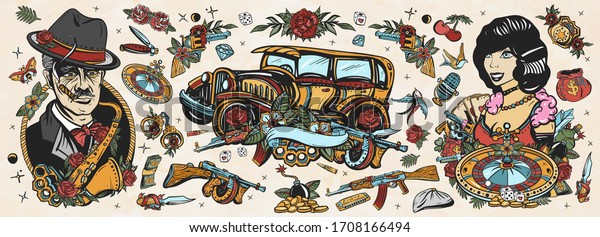 Mafia. Gangsters. Old school tattoo collection. Crime\
boss plays saxophone, retro car, robbers, bandits weapons, croupier\
pin up girl, casino. Noir criminal movie art. Traditional tattooing\
style 