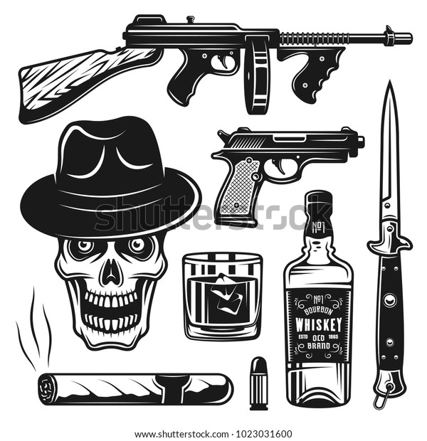 Mafia Gangsters Set Monochrome Vintage Objects Stock Vector (Royalty ...