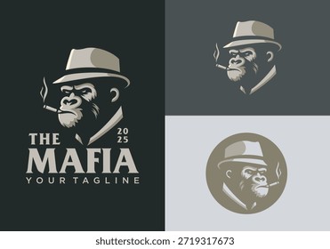 Logotipo da máfia gorila com ilustração de vetor de chapéu e charuto