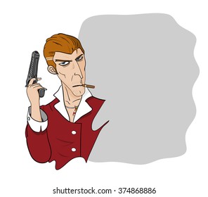 Mafia, a hand drawn vector illustration of a mafia holding a gun with a blank, editable space for text.