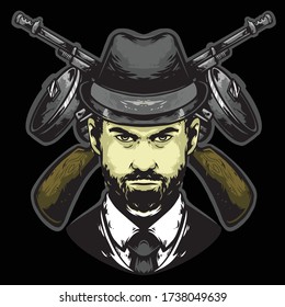 cabeza de mafia con diseño de vectores de sombrero y arma
