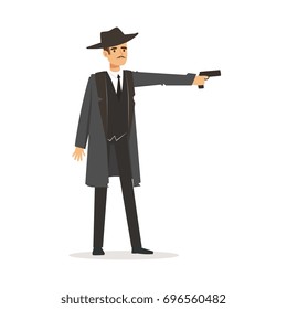 Mafia hitman character in gray coat and fedora hat standing aiming with gun vector Illustration