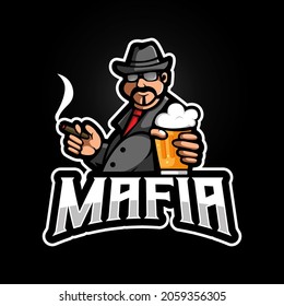 Mafia holding beer while smoking mascot logo design vector with modern illustration concept style for gaming, esport and team