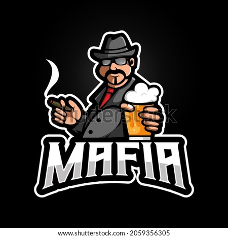 Mafia holding beer while smoking mascot logo design vector with modern illustration concept style for gaming, esport and team