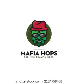 mafia hops logo design, hops with eyeglasses and mafia hat logo, mascot beer, brewery, hops, face expression, modern vector template colorful