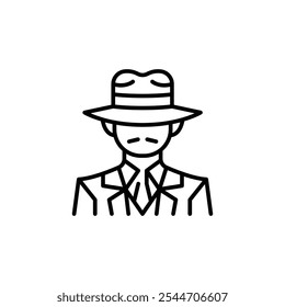 Mafia icon. Simple minimal line art illustration of a man in a suit and fedora hat, representing a classic mafia character. Perfect for use in crime, detective, film noir. Vector illustration