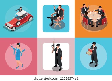 Mafia isometric concept set of six square compositions depicting people with guns and big money vector illustration