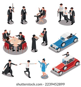 Mafia-isometrische Reihe von Mafiosi-Zeichen mit Gewehre in Casino und Retro-Auto-einzelne Vektorgrafik