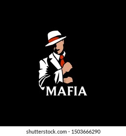 Mafia Logo Vector Template. Man With Red Fedora Hat And Red Tie