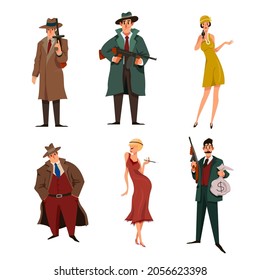 Mafia Male And Female Cartoon Characters Set. Gansters In Hats, Killers, Bodyguards With Guns Vector Illustration On White Background. Crime, Risk, Violence Concept