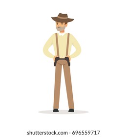Mafia man character in brown fedora hat holding for two pistols under belt vector Illustration