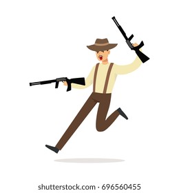 Mafia man character in brown fedora hat running with two submachine guns vector Illustration