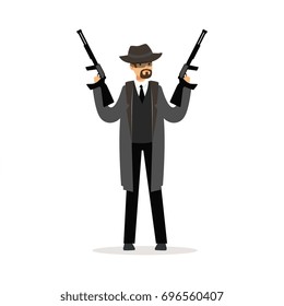 Personaje de hombre de la mafia en abrigo gris y sombrero de sombrero de fedora que sostiene dos Ilustraciones vectoriales de metralletas