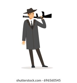 Mafia man character in gray coat and fedora hat standing with gun vector Illustration