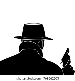 Mafia. The man with the gun. Back view. Silhouette of the killer. The man in the hat