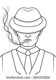 Mafia man with a hat and a cigarette. Gangster. Black and white. Vector illustration. Hand drawn object for design, advertisements.