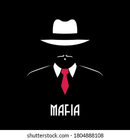 Mafia man silhouette. Vector emblem for male store, a barber shop, gentleman club. Gangster in hat and red tie. Stock illustration.