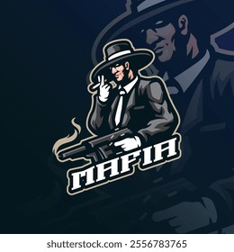 Mafia mascot logo design vector with modern illustration concept style for badge, emblem and t shirt printing. Mafia illustration with guns in hand.