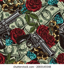 Mafia And Money Vintage Seamless Pattern With Guns Beautiful Roses Gold Knuckles Diamonds And One Hundred Dollar Bills Vector Illustration