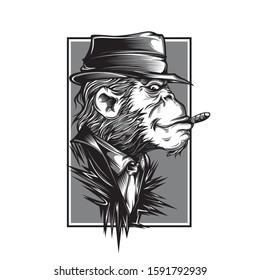 Mafia Monkey Black and White Illustration