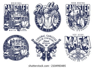 Mafia monochrome design set with gorilla robber with guns, revolvers and boss with money against casino girls, vector illustration