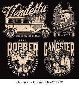 Monochrome Mafia-Embleme mit Gorilla-Gangster-Schießpisten hinter Retro-Automobil, handgekuffelter Gorilla mit Zigarre, Skeleton-Schädel rauchen, Vektorgrafik
