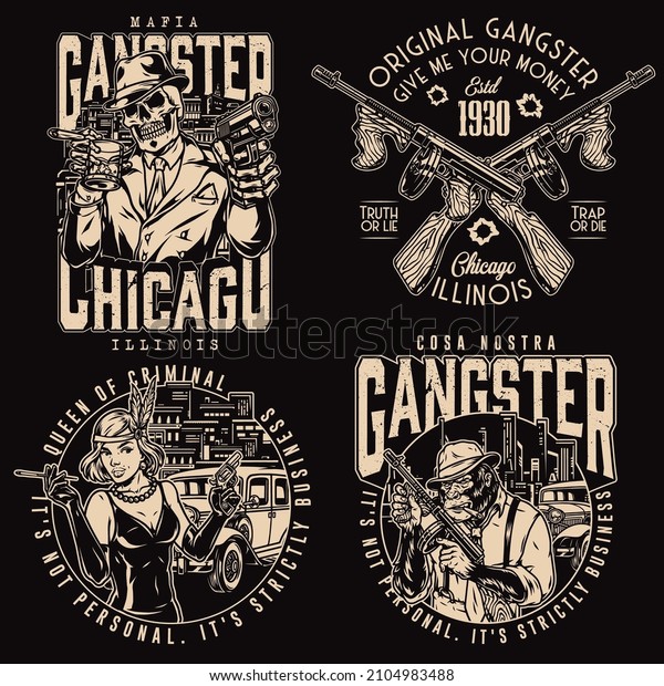 Mafia\
monochrome emblems set with inscriptions: crossed machineguns,\
skeleton boss with cigar, whisky and gun, girl against city and\
car, gorilla gangster, vector\
illustration