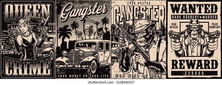 Mafia Monochrome Vintage Posters Set With Criminal Woman In Gloves Against Cityscape, Gorilla Gangster In Car, Ape Bandit In Hat Holding Machine Gun, Vector Illustration