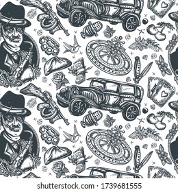 Mafia-Muster. Boss spielt Saxophon, Bandits Waffen, Retro-Auto, Casino, Räuber. Krimineller, alter noir Film Hintergrund. Gangster. Traditioneller Tätowierungsstil. Hintergrund der Kriminalität im Retrobereich