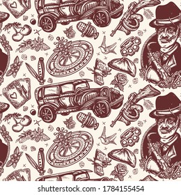 Patrón de mafia. Estilo tradicional de tatuaje. Antecedentes de crimen retro sin fisuras. El jefe toca saxofón, armas de bandidos, retro auto, casino, ladrones. Antecedentes de la película criminal, noir. Gangsters