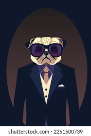 Mafia pug dog, Manager dog, vector illustration, art, portraits